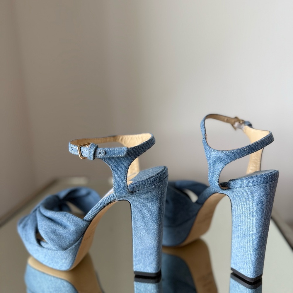 New JIMMY CHOO Heloise 120 Knotted Denim Platform Sandals 38 $995 - Picture 13 of 14